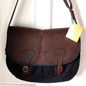 BARBOUR WAXED COTTON & LEATHER TARRAS MESSENGER BAG (NAVY)